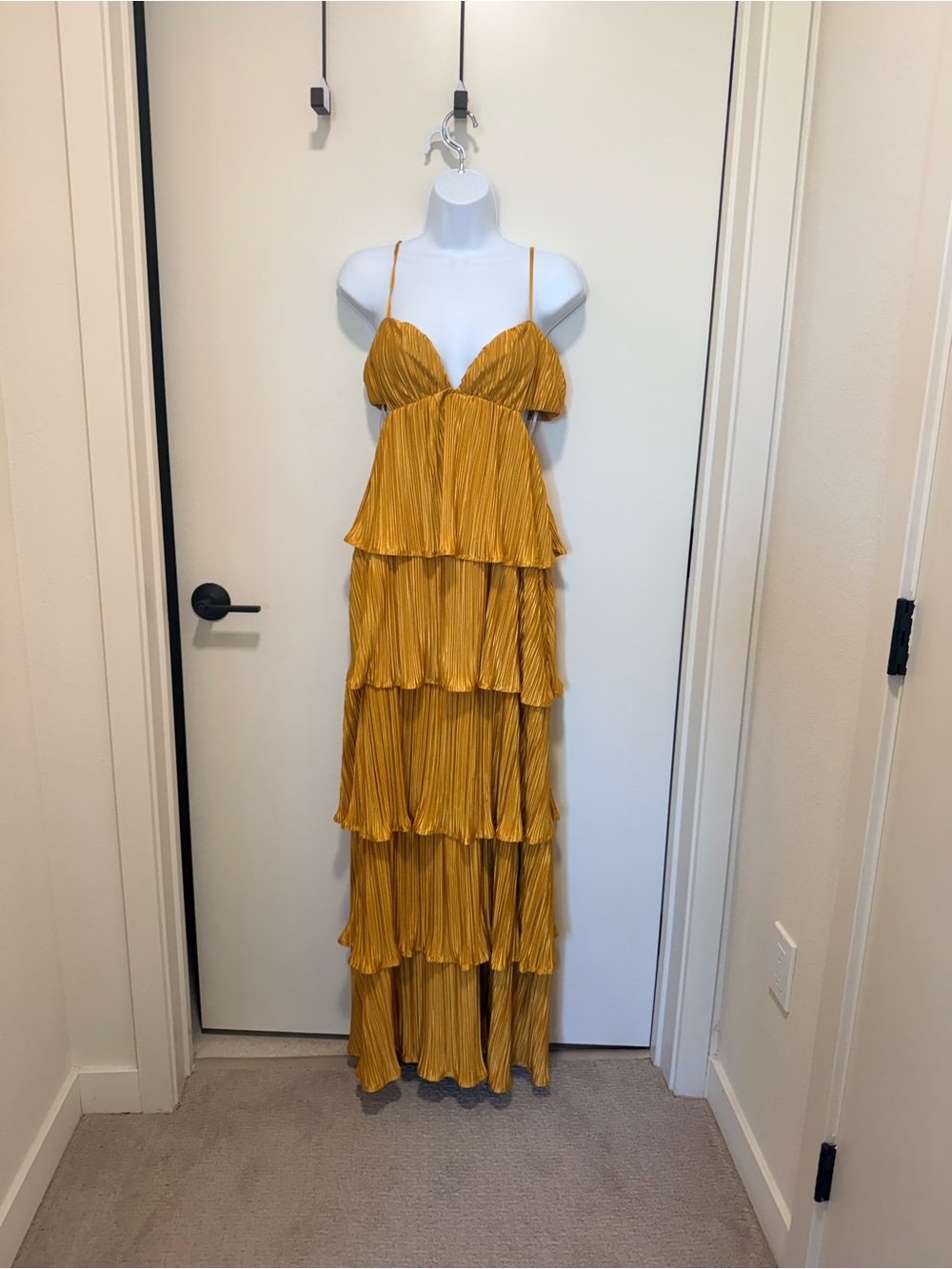 Lulu's Mustard Tiered Pleated Maxi Dress with Spaghetti Straps